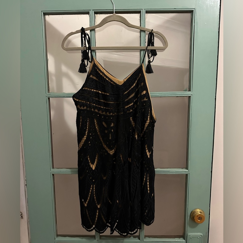 Free People Black Lace Crochet Tassle Tie Dress, Size Medium